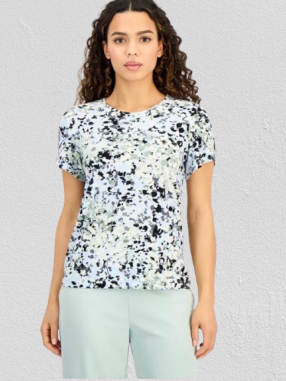 AK Anne Klein Petite Printed Tulip-Sleeve Scoop-Neck Top Skyway Multi PM